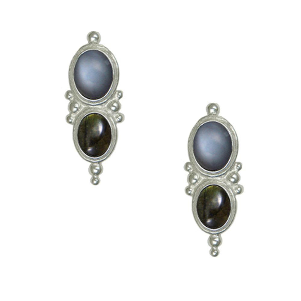 Sterling Silver Drop Dangle Earrings With Grey Moonstone And Spectrolite